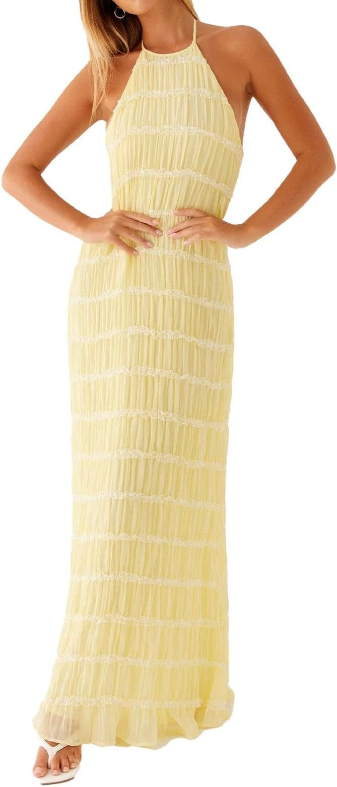 ABYOVRT Women Backless Dress Sleeveless Textured Halter Open Back Maxi Dresses Vacation Wedding G... | Amazon (US)
