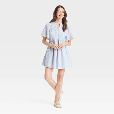 Women's Short Sleeve Eyelet Mini Skater Dress - Universal Thread™ Blue M | Target