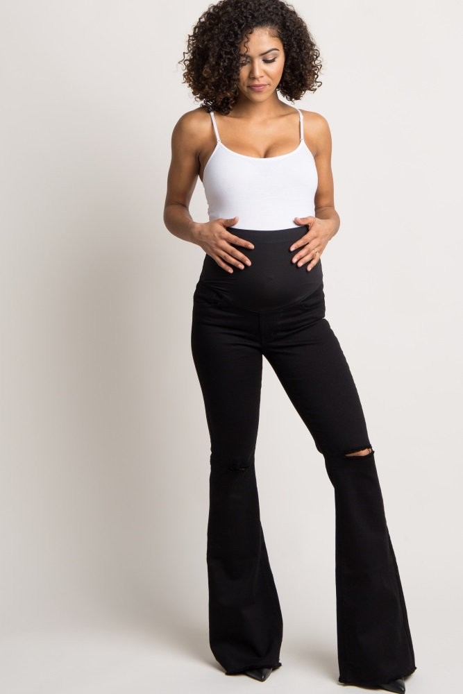 Black Ripped Knee Frayed Maternity Flare Jean | PinkBlush Maternity