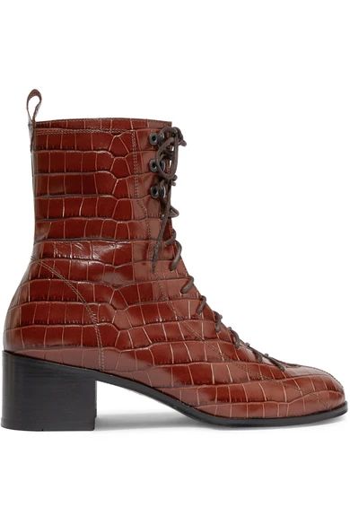 BY FAR - Bota Croc-effect Leather Ankle Boots - Brown | NET-A-PORTER (UK & EU)