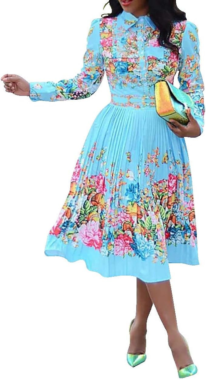VERWIN Lapel Three-Quarter Sleeve Knee Length Pleated Floral Women's Sheath Dress | Amazon (US)