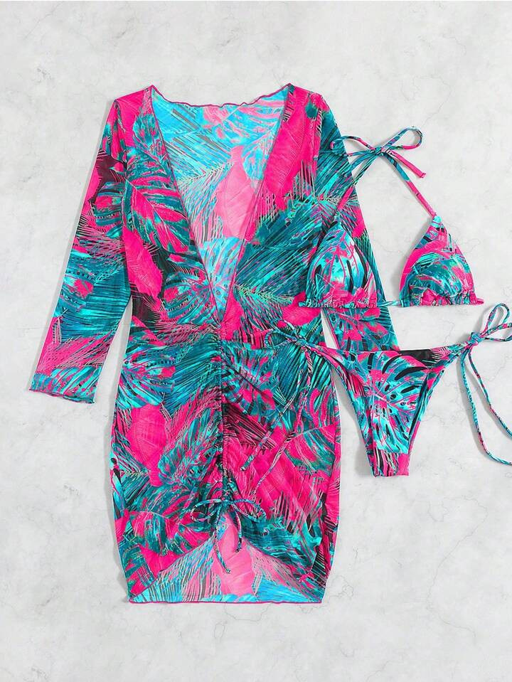 SHEIN Swim Summer Beach Tropical Print Halter Triangle Bikini Set With Cover Up | SHEIN