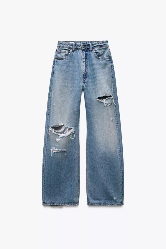 MID-RISE - BAGGY - FULL LENGTHMid-rise jeans with belt loops and five pockets. Ripped detail. Asy... | Zara US