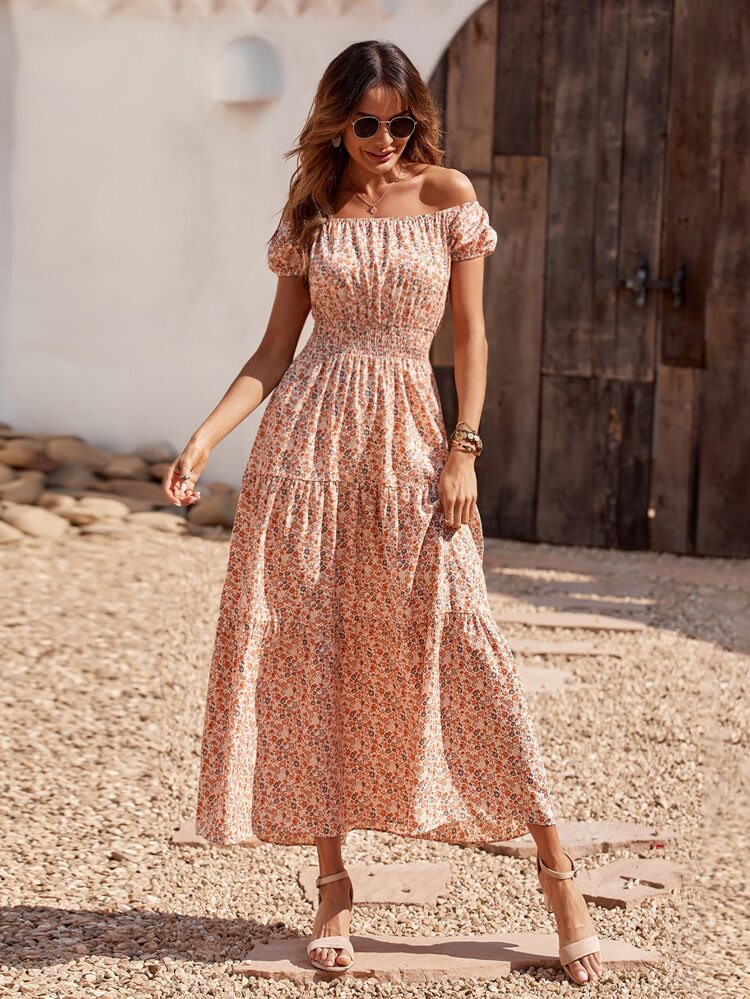 Ditsy Floral Shirred Waist Bardot Dress | SHEIN