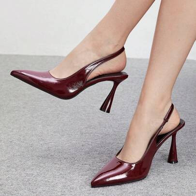 Women's Fashion Burgundy Pointed Toe Stilettos With Ankle Strap, Suitable For Commute, Date, Party, Holiday New Year Holiday | SHEIN