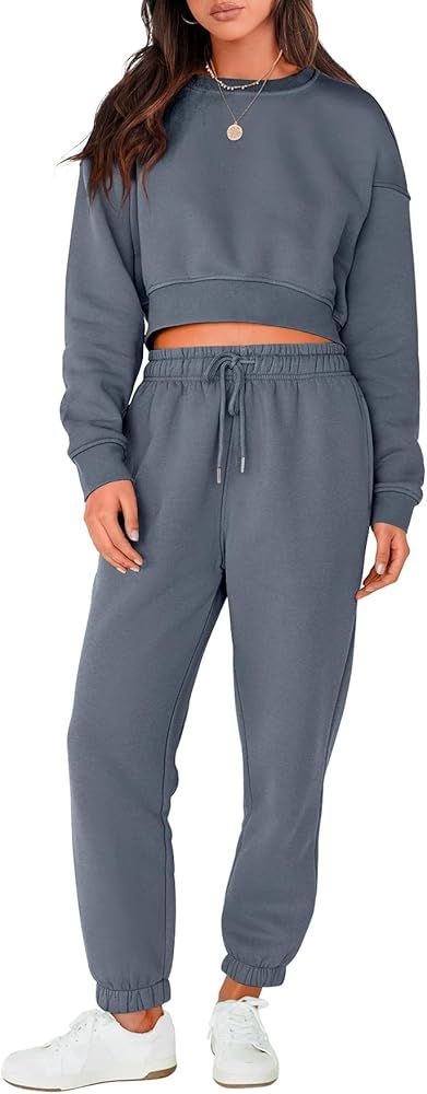 ANRABESS Women's Two Piece Outfits Long Sleeve Crew Neck Crop Sweatsuit with Jogger Pants Lounge ... | Amazon (US)