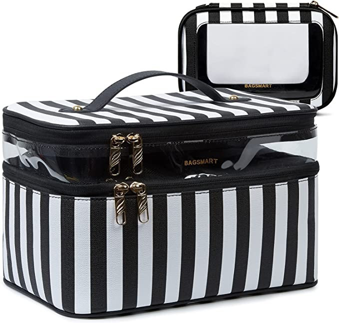 Large Makeup Bag, BAGSMART Travel Cosmetic Case with Clear Toiletry Pouch Bag, Double Layer Makeu... | Amazon (US)