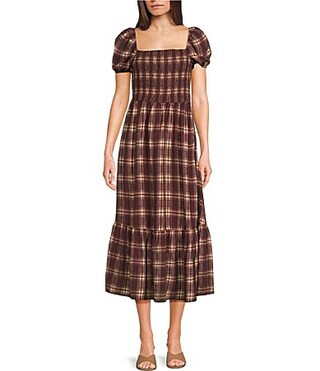 Blu Pepper Plaid Printed Square Neck Short Sleeve Smocked Waist Midi Dress - M | Dillard's