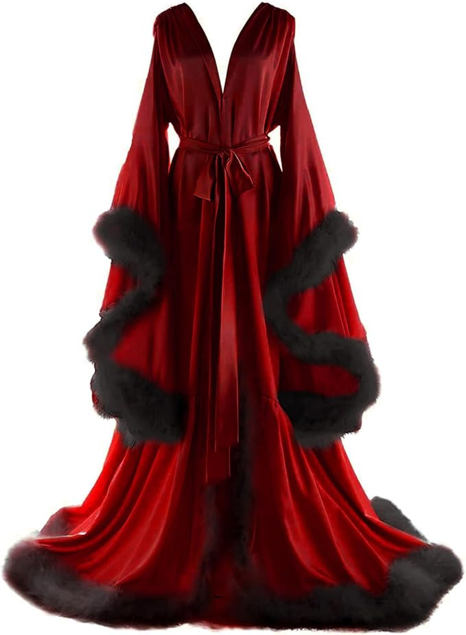 Women's Feather Bridal Robes Old Hollywood Maternity Photoshoot Nightgown Silk Bathrobe Long Ling... | Amazon (US)