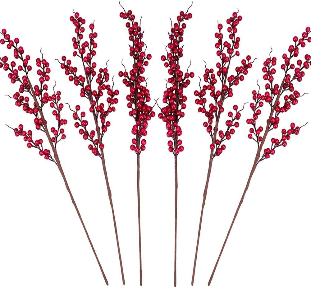 GREENTIME 6 Pack Red Artificial Long Berry Stems Fake 25.2" Christmas Picks Faux Holly Berries Br... | Amazon (US)