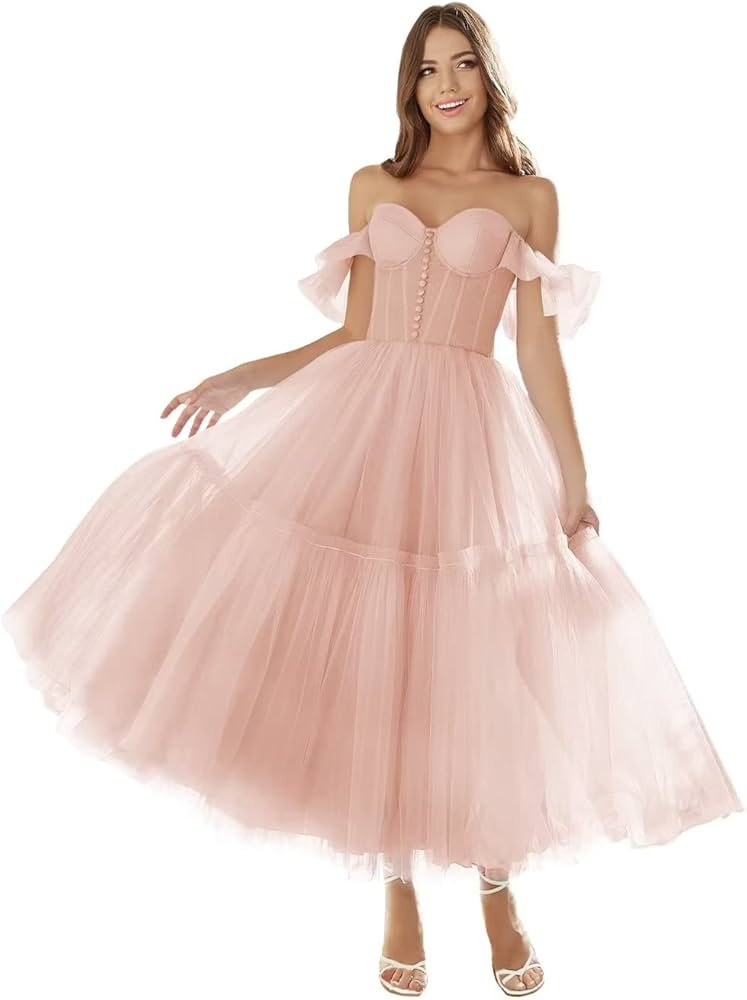 Basgute Women's Off Shoulder Tulle Prom Dresses Tea Length Fairy Sweetheart Neck Corset Formal Ev... | Amazon (US)