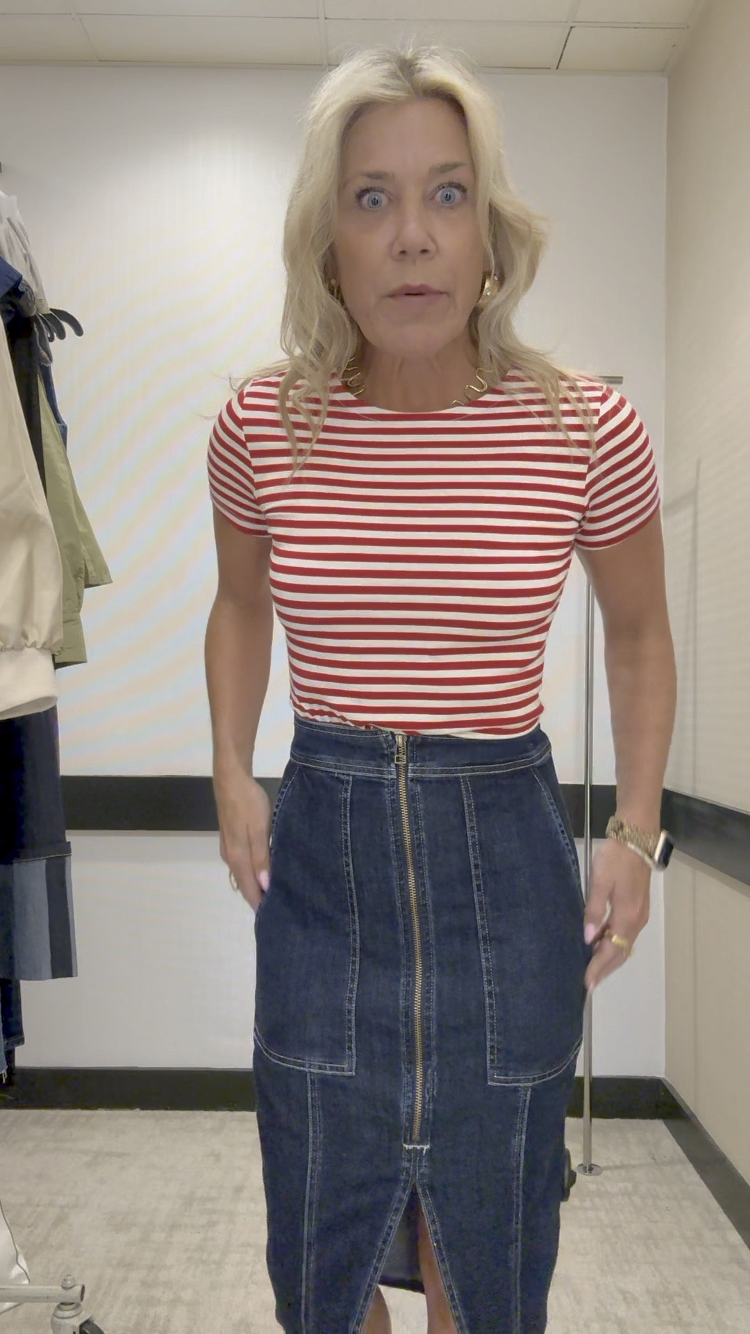 Transition to fall outfit. MIDI length denim skirt + fitted tee and shirt or leather jacket to layer with. Great outfit for business casual.

#LTKWorkwear #LTKStyleTip #LTKOver40