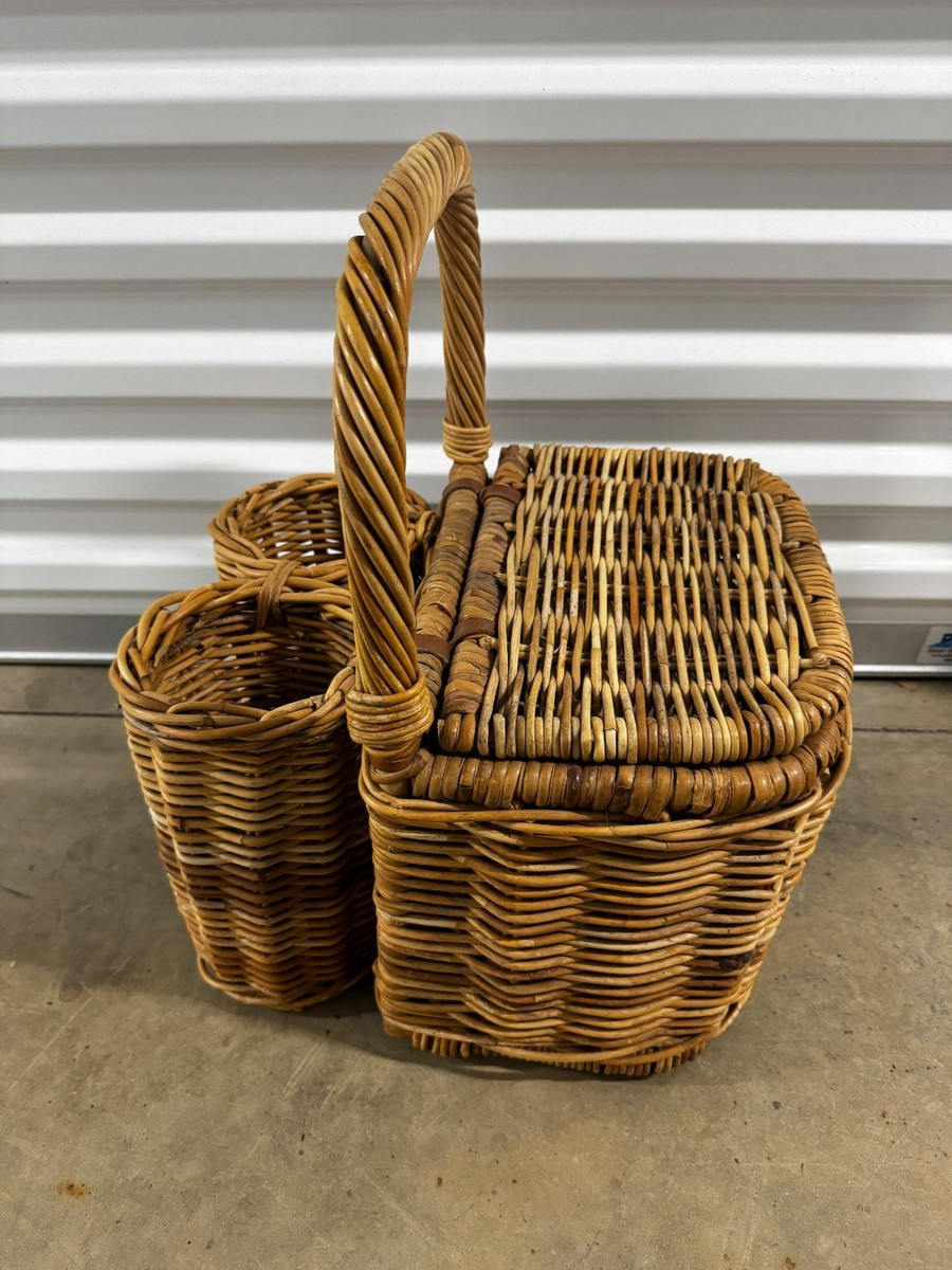 Vintage MCM Wicker Woven Picnic Basket with Handle Lid & 2 Wine Bottle Holders | eBay | eBay US