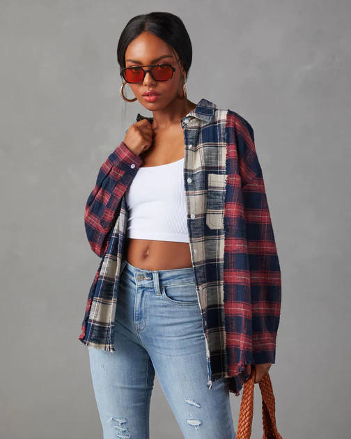 Autumn Tones Cotton Plaid Distressed Top | VICI