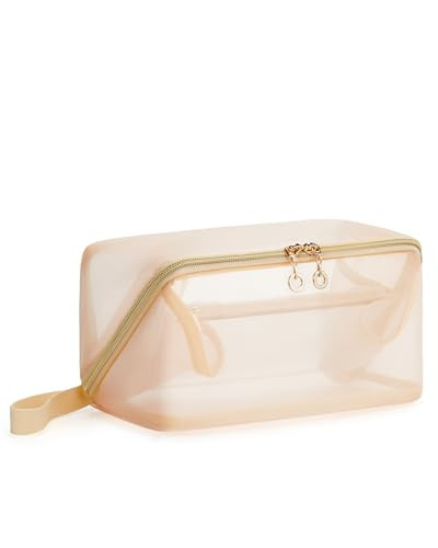 BAGSMART Makeup Bag Travel Cosmetic Bag, Large Makeup Bag for Women, Mesh Makeup Bags Portable Travel Essentials Pouch Open Flat Make Up Organizer Bag for Toiletries, Brushes, Brown | Amazon (US)