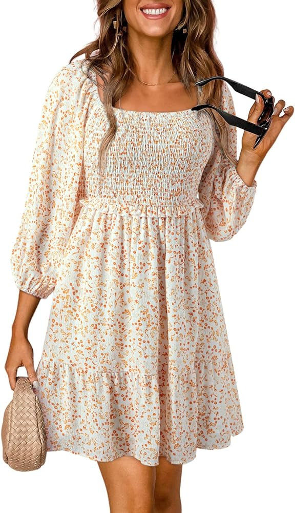 Dokotoo Womens Spring Summer Dresses Boho Floral Square Neck Smocked 3/4 Sleeve Casual A-Line Swi... | Amazon (US)