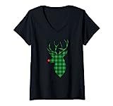 Womens Christmas Shirt Reindeer Shirt Plaid Ugly Christmas Sweater V-Neck T-Shirt | Amazon (US)