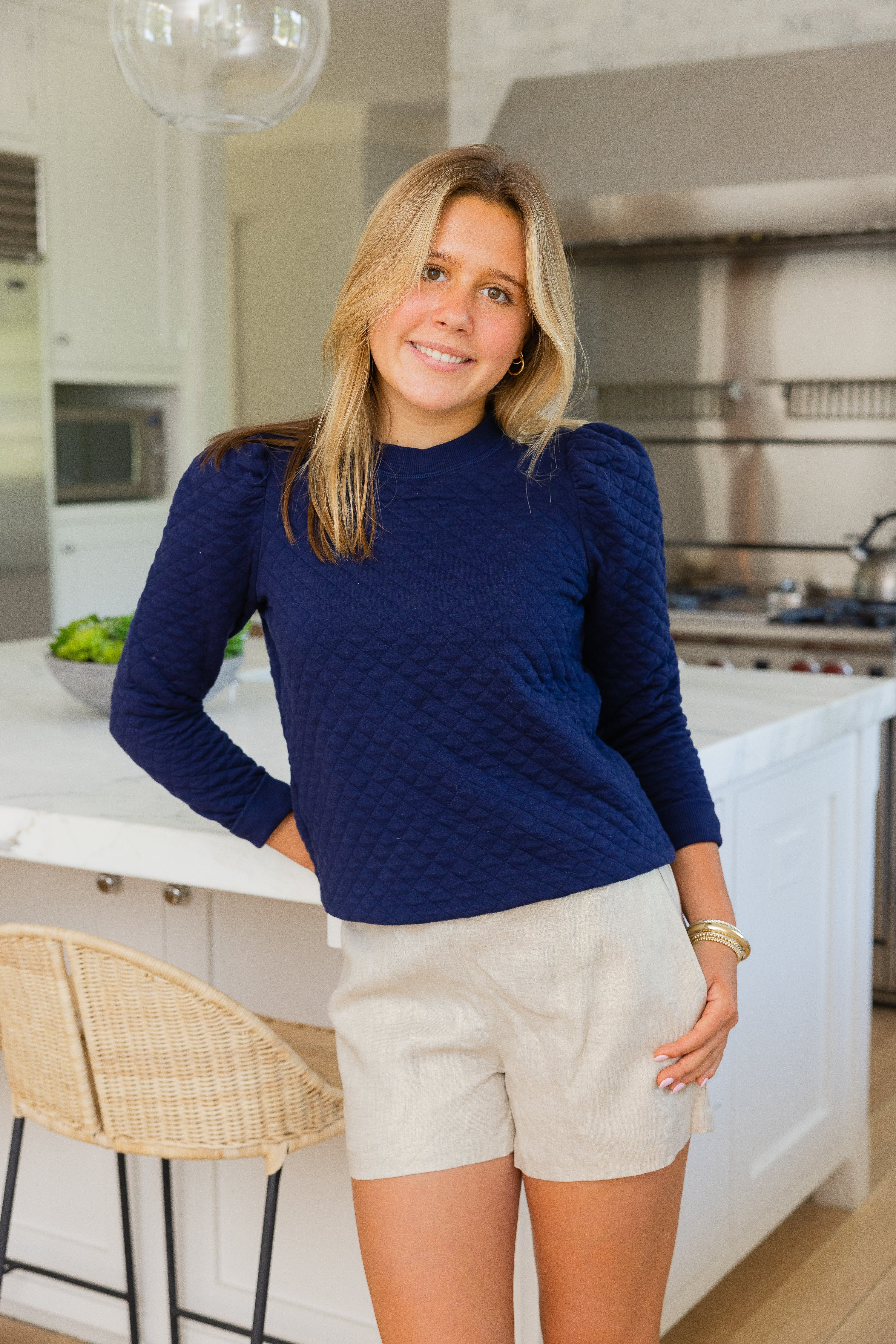 Navy Quilted Puff Sleeve Sweatshirt | Sail to Sable