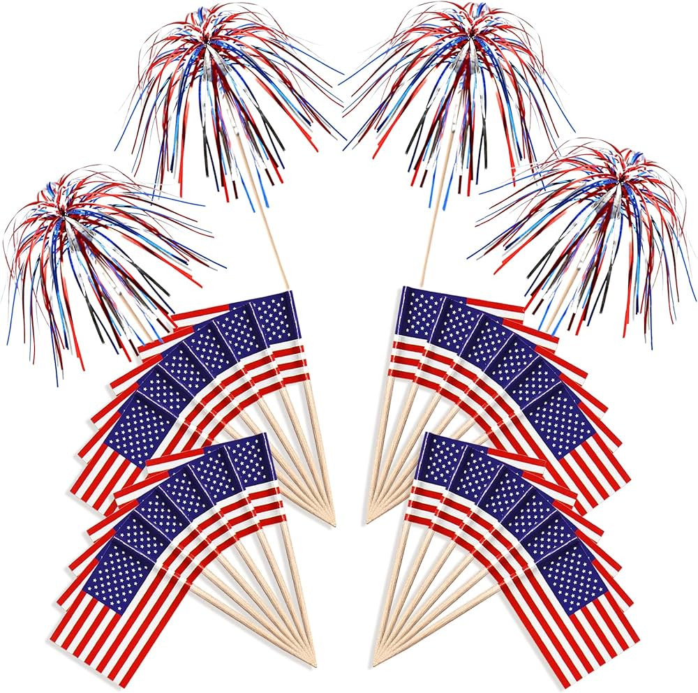 4th of July Decorations, 100 PCS Usa American Flag Toothpicks Firework Cupcake Toppers Firework T... | Amazon (US)
