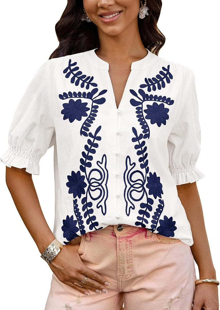 BTFBM Women's 2026 Spring Tops Casual Floral Boho V Neck Puff Short Sleeve Button Down Shirts Emb... | Amazon (US)