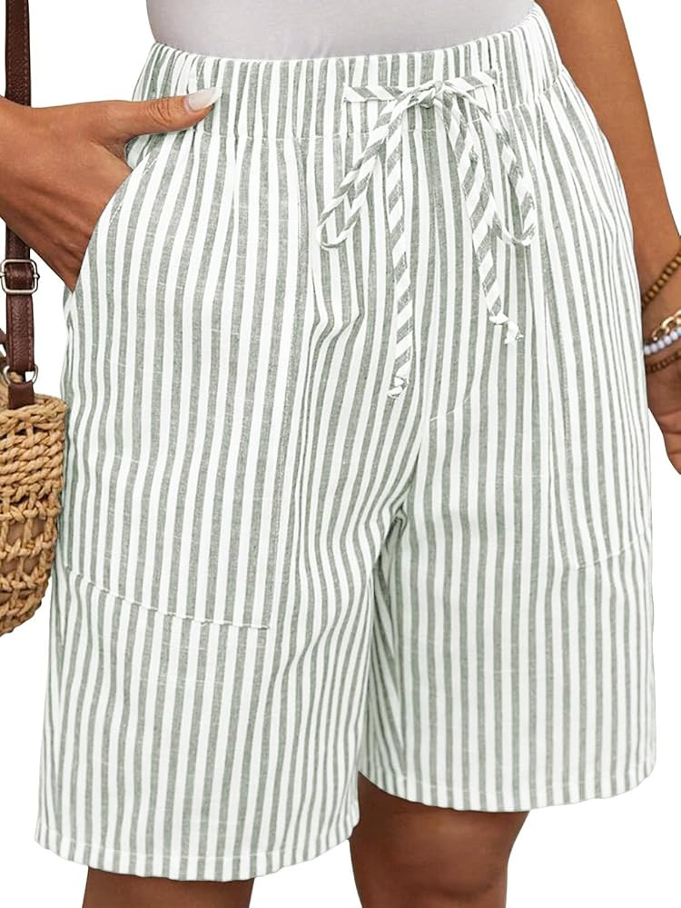EXLURA Womens Striped Bermuda Shorts Casual Cotton Linen Shorts Elastic Drawstring Summer Beach V... | Amazon (US)