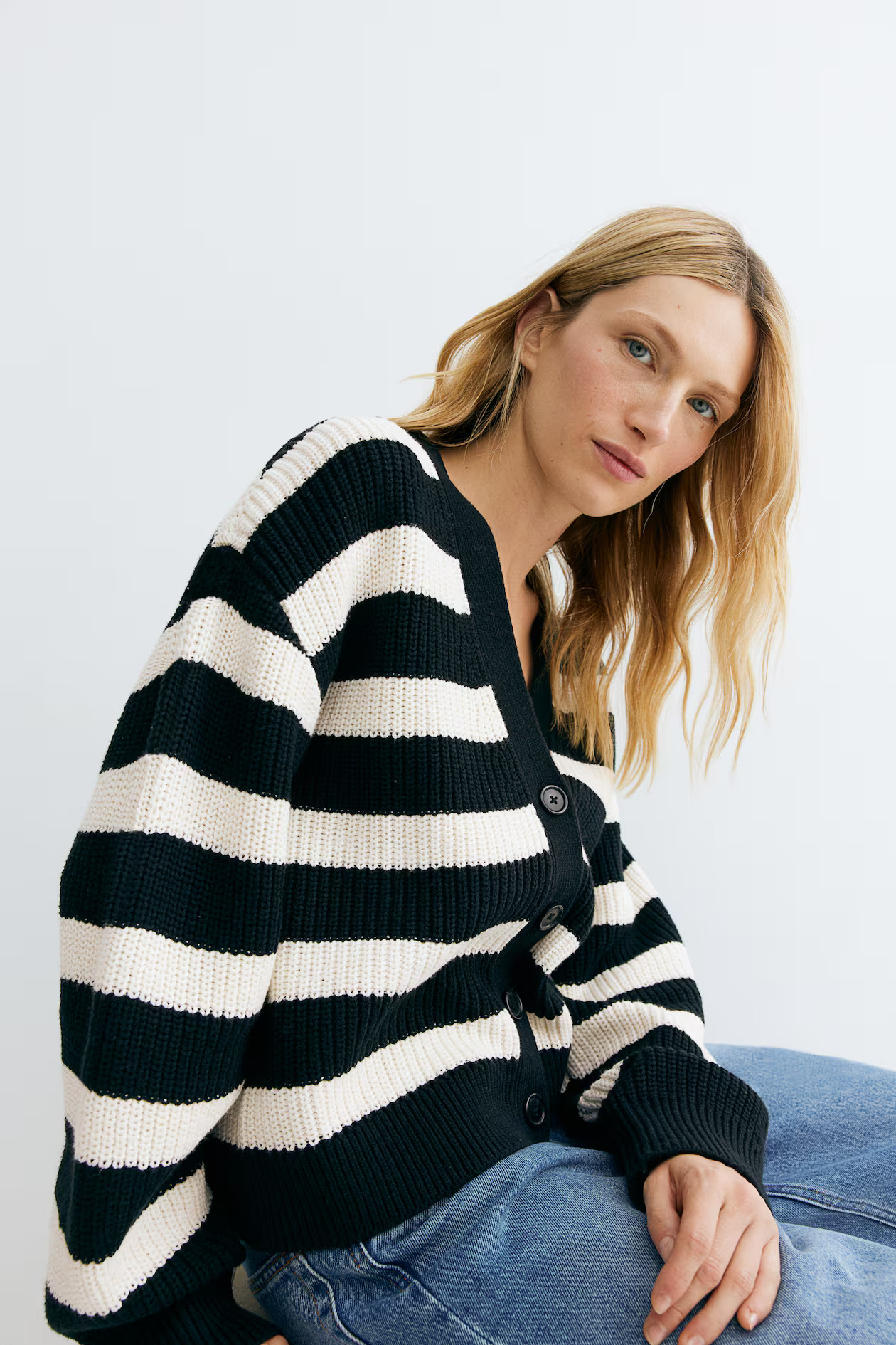 Rib-knit Cardigan - V-neck - Long sleeve - Black/striped - Ladies | H&M US | H&M (US + CA)