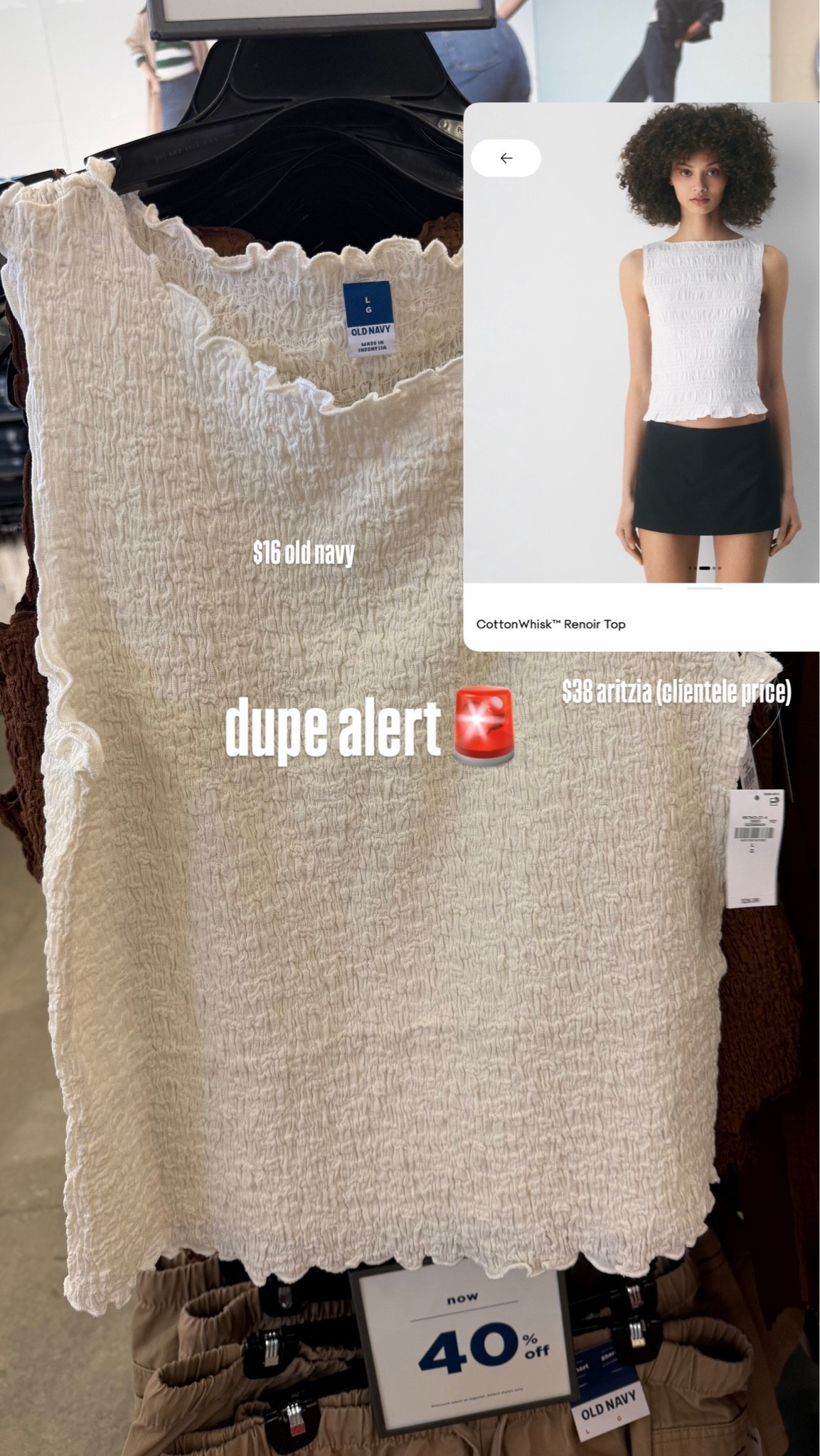 Not me finding a $16 Old Navy version of one of my favourite Aritzia tanks 😮‍💨

Old Navy Smocked Tank: $16 (sale price)
Aritzia Renoir Top: $38 (sale price)

(I tried size L in renoir top)

Very similar look, very different price tag. Both linked for comparison.