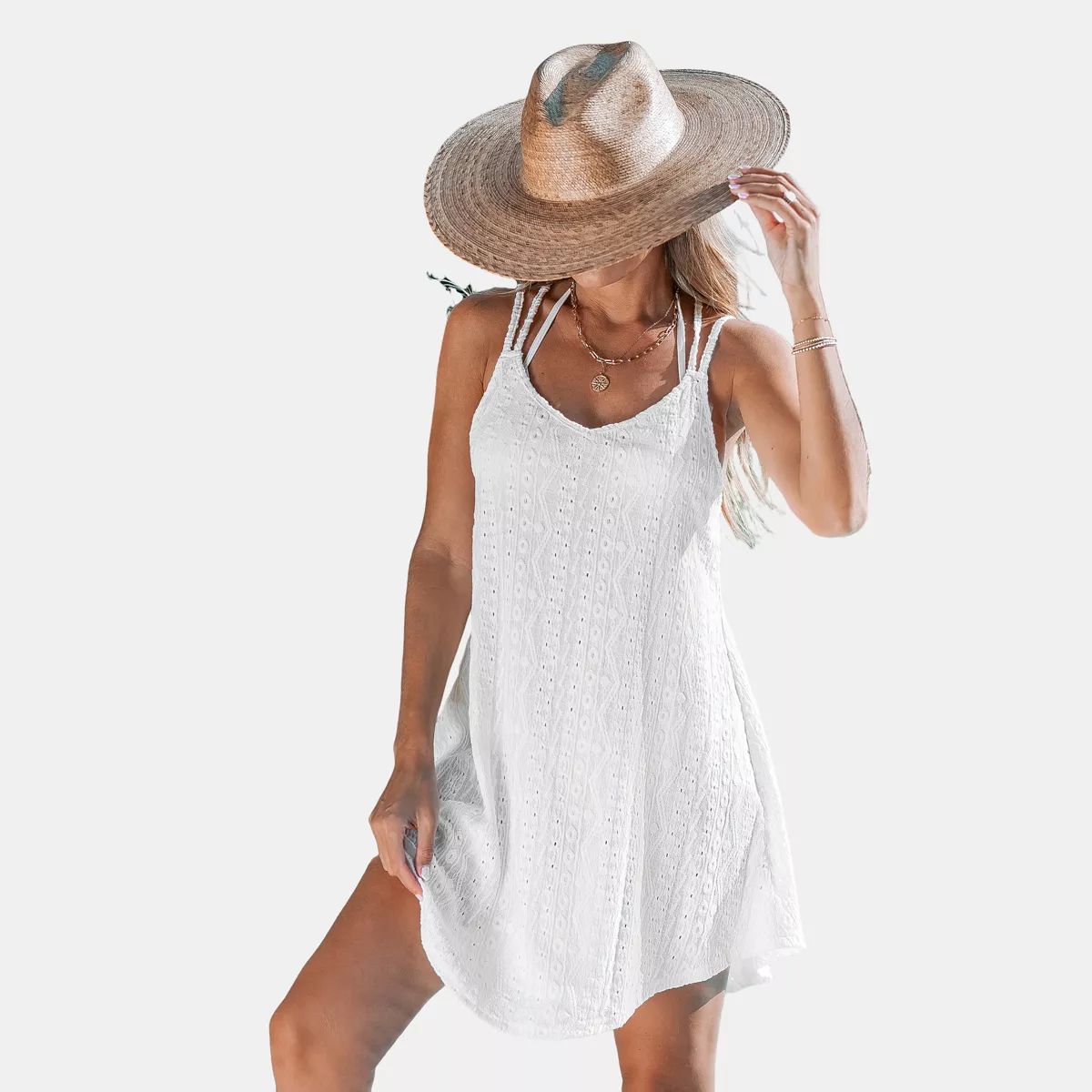 Women's White Dual Strap Eyelet Mini Cover-Up Dress - Cupshe | Target