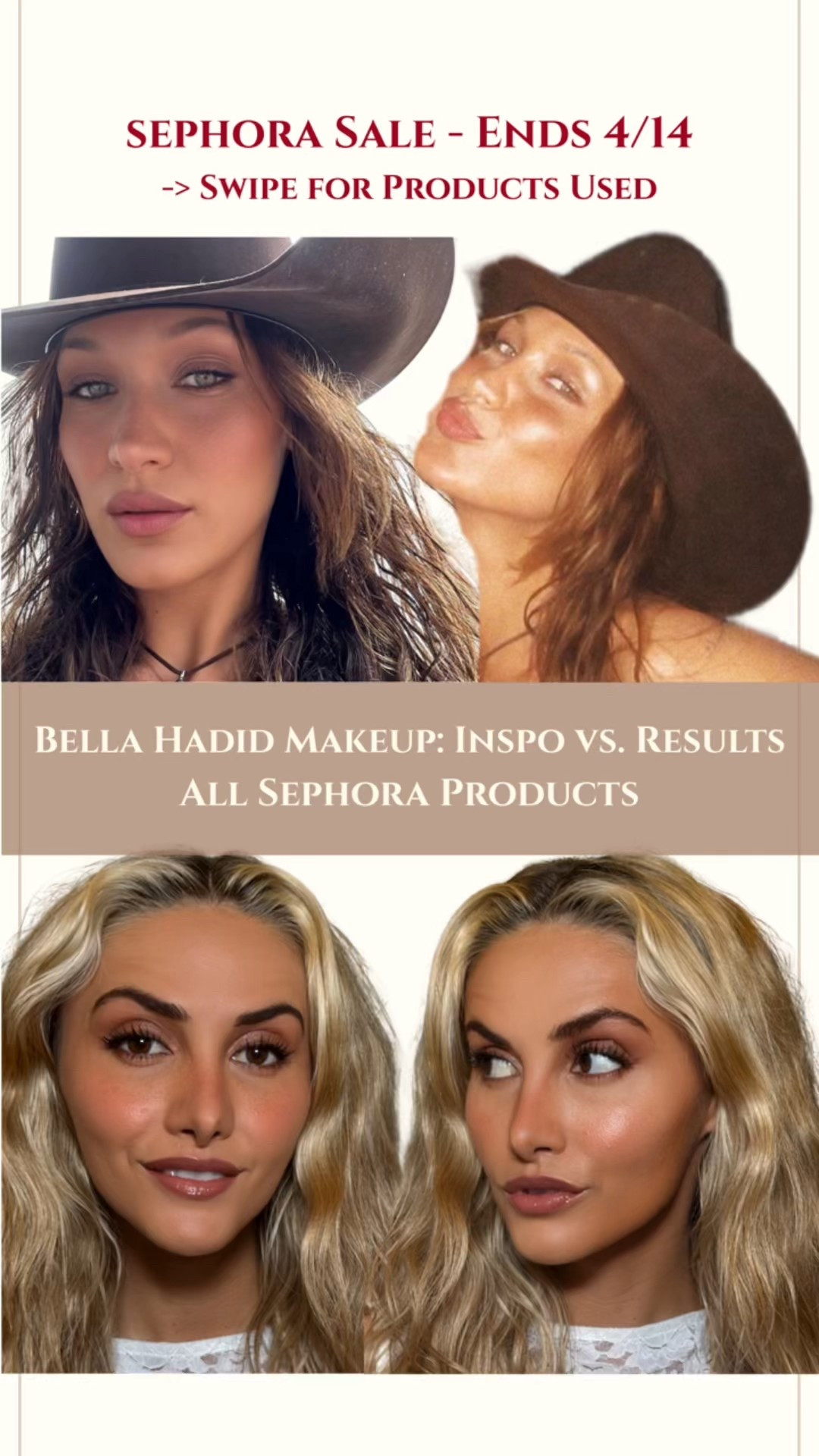 BELLA HADID’S GLOWY MAKEUP (ON SALE!) ✨ | Sephora Sale Ends 4/14  
Recreated her viral “effortless glow” with all Sephora products. Shop products I used! highlighter, pigment blush, and lip liner for that lit-from-within look. Save before prices jump back!  

Why you’ll love this:
- Dewy base that lasts all day.  
- Weightless glow, zero cakeyness.  
- Bella’s “I woke up like this” vibes, IRL.  

#ShopLTK #SephoraSale #BellaHadidMakeup #GlowySkin #EffortlessBeauty #MakeupEssentials  

#LTKBeauty #LTKFindsUnder50 #LTKSaleAlert