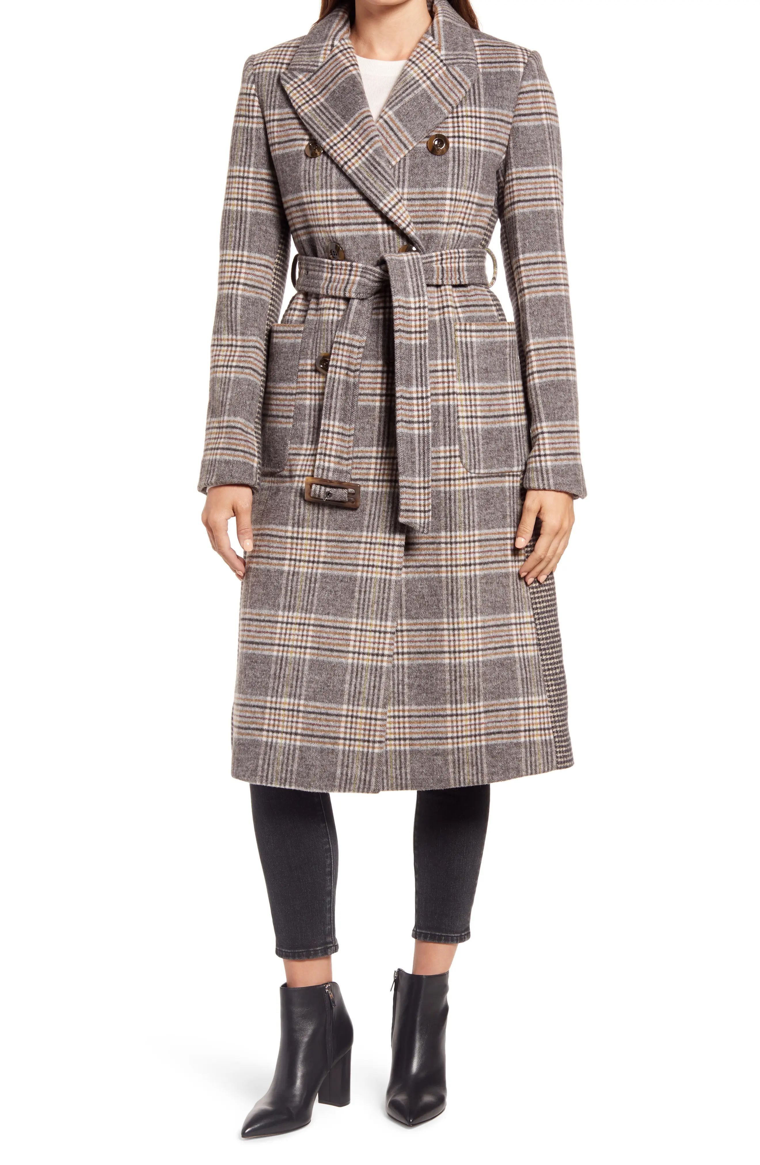 Women's Ellen Tracy Mix Plaid Belted Wool Blend Coat, Size X-Large - Brown | Nordstrom
