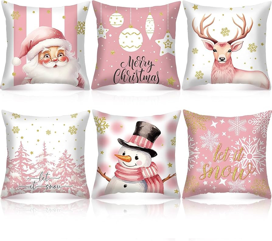SmoothNovelty Pink Christmas Decorations Pillow Covers 18x18 Set of 6 Pink Santa Snowman Snowflak... | Amazon (US)