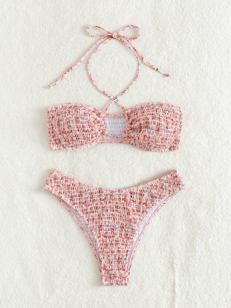Ditsy Floral Print Smocked Tie Back Halter Bikini Swimsuit | SHEIN