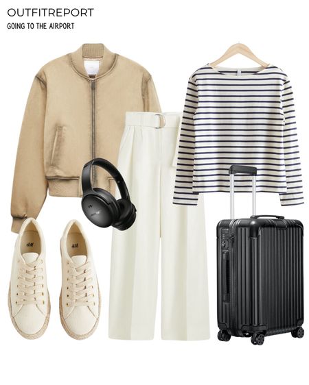 Airport travel outfit in striped top long sleeve shirt white trousers trolley bag sneakers trainers and cropped beige jacket 

#LTKstyletip #LTKitbag #LTKshoecrush