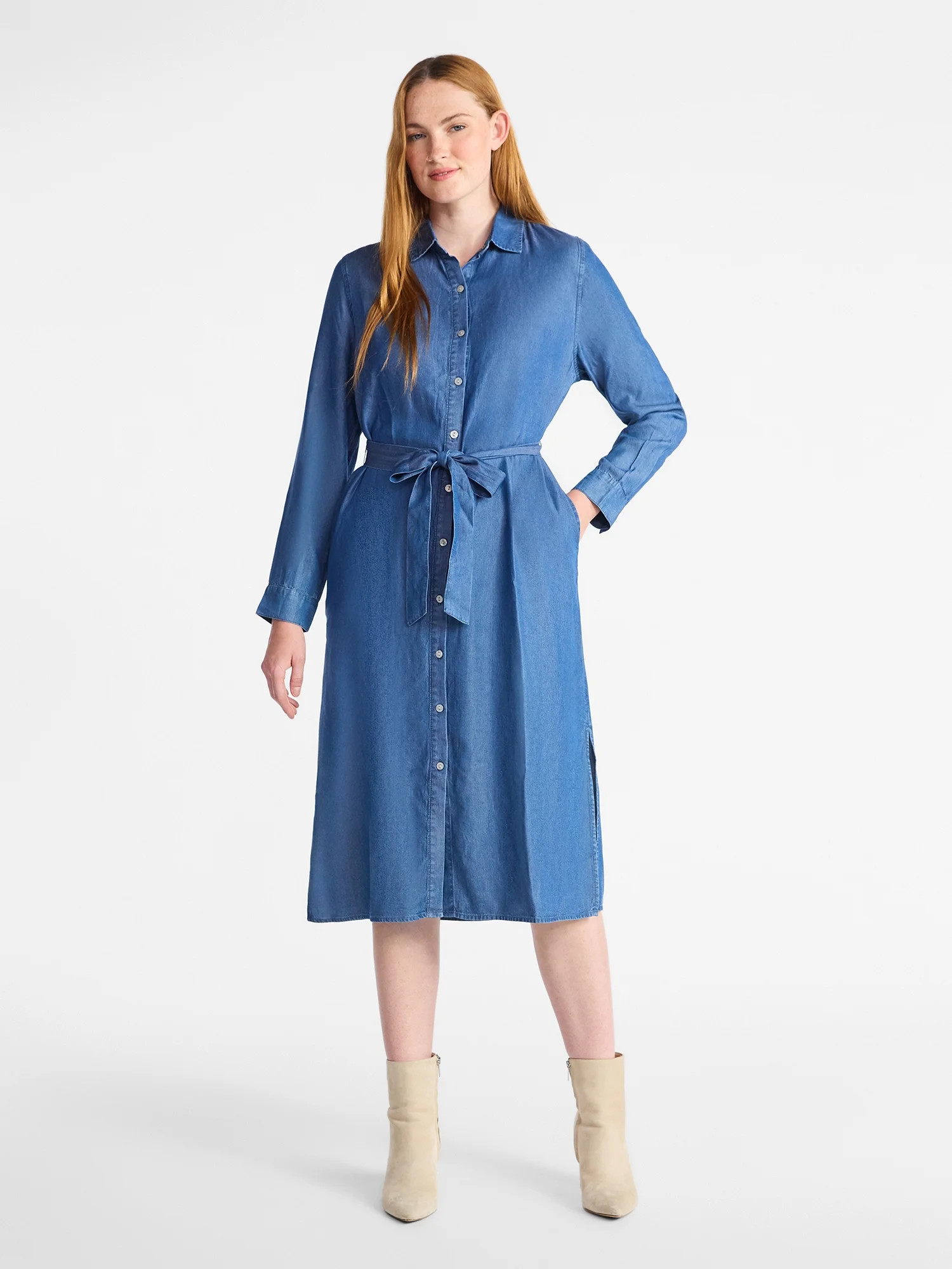 Time and Tru Women's Midi Shirt Dress with Long Sleeves, Sizes XS-XXXL | Walmart (US)