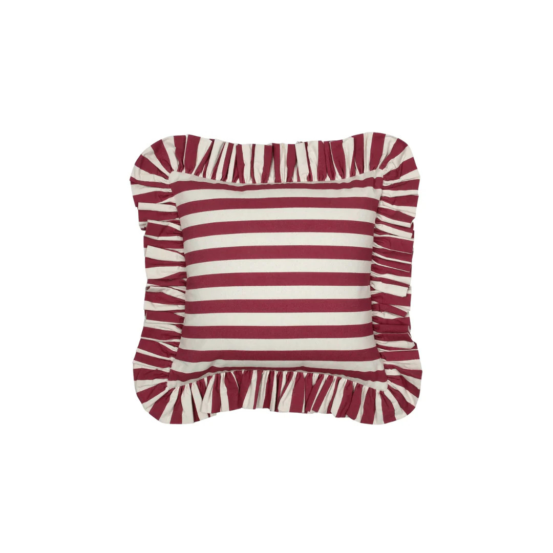 Tangier Cranberry Stripe Frilly Cushion | Noel Pittman