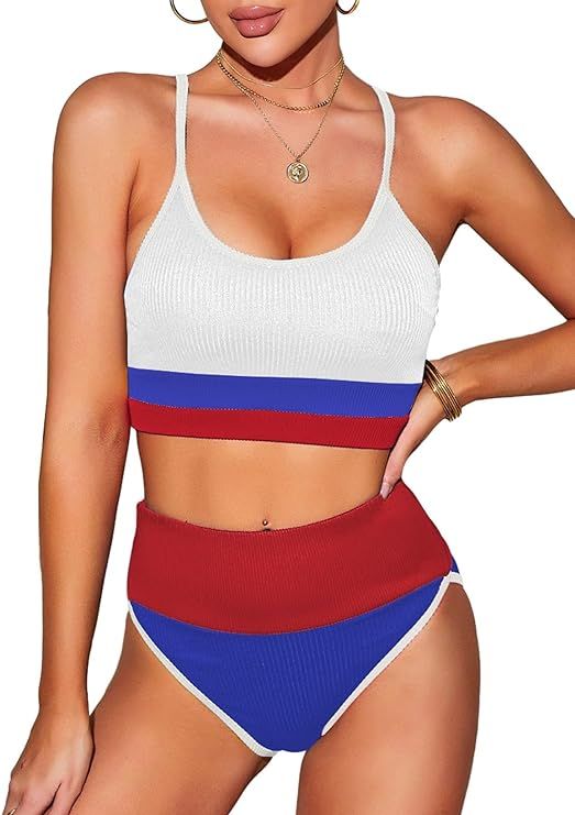 Herseas High Waisted 2 Piece Bikini Set for Women Tummy Control Color Block Striped Swimsuit Knit... | Amazon (US)