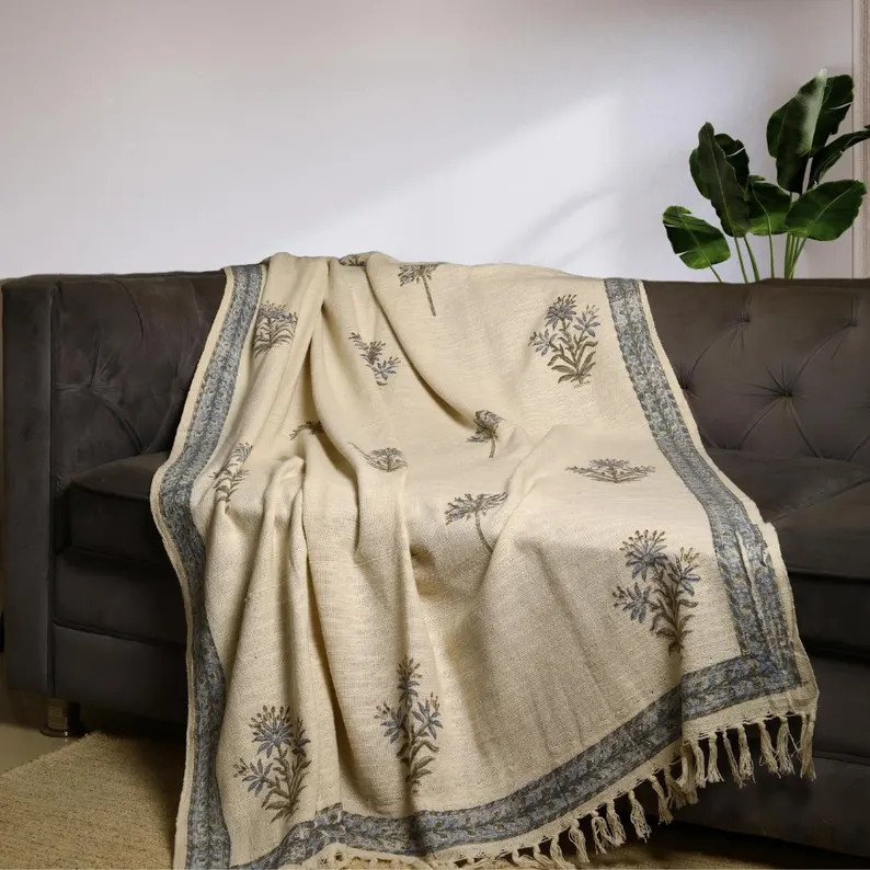 Hand-loomed Cotton Throw Blanket: Sanganeri Block Print Boho Fringed Decor - Etsy | Etsy (Global)