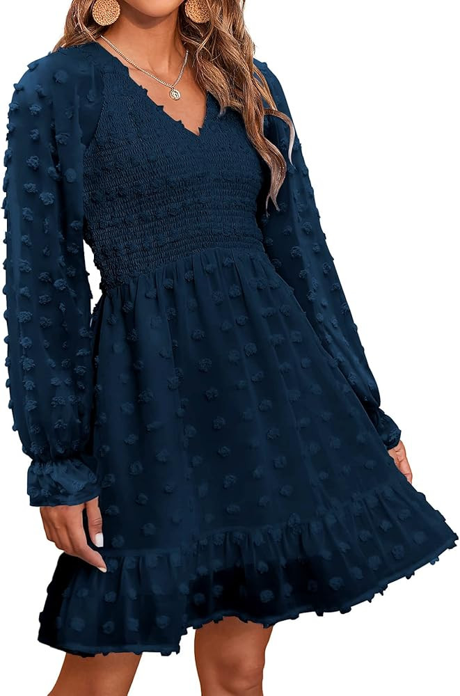 BTFBM Women V Neck Smocked Short Dress Long Sleeve Flowy Casual Swiss Dot Ruffle Chiffon Mini Sum... | Amazon (US)
