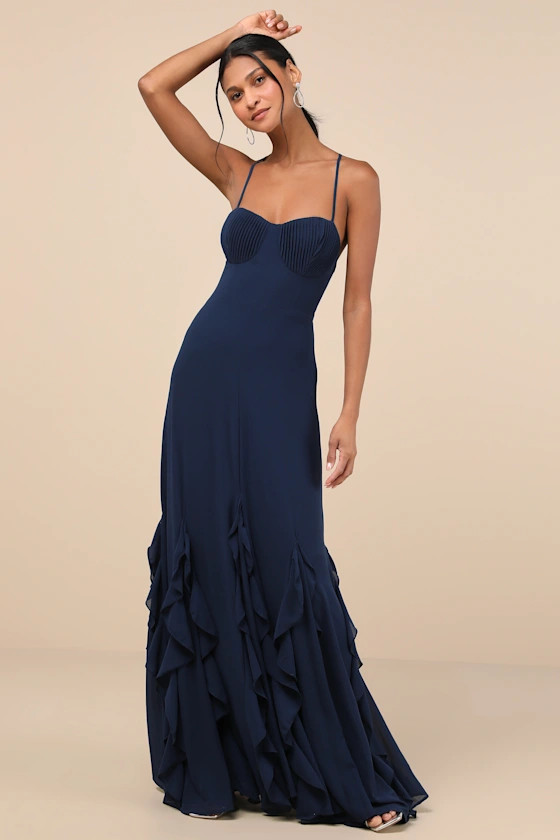 Priela Dark Navy Ruffled Lace-Up Maxi Dress | Lulus