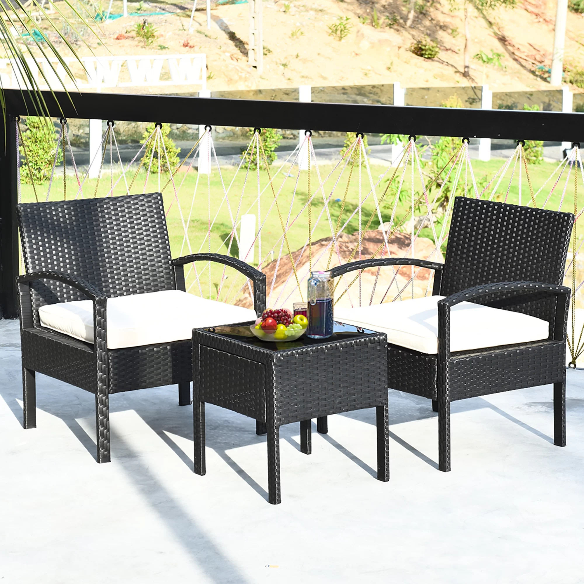 Costway 3PCS Patio Rattan Furniture Set Table & Chairs Set with Cushions Outdoor - Walmart.com | Walmart (US)