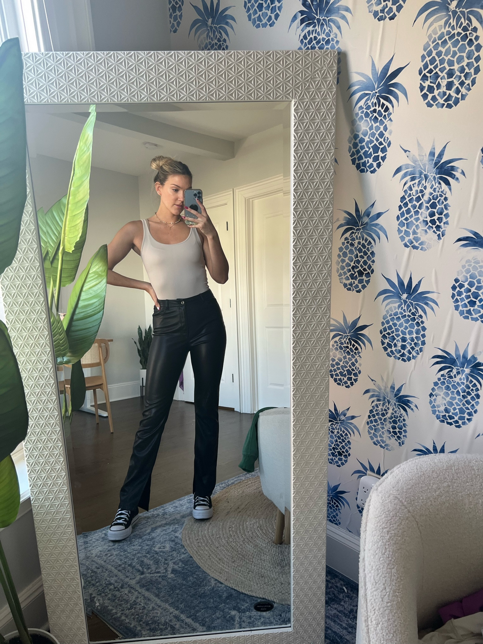 Ribbed scoopneck bodysuit
vegan leather split hem pant 
Abercrombie has the best basics! 25% off site wide now-March 12

#LTKSale #LTKFind #LTKsalealert