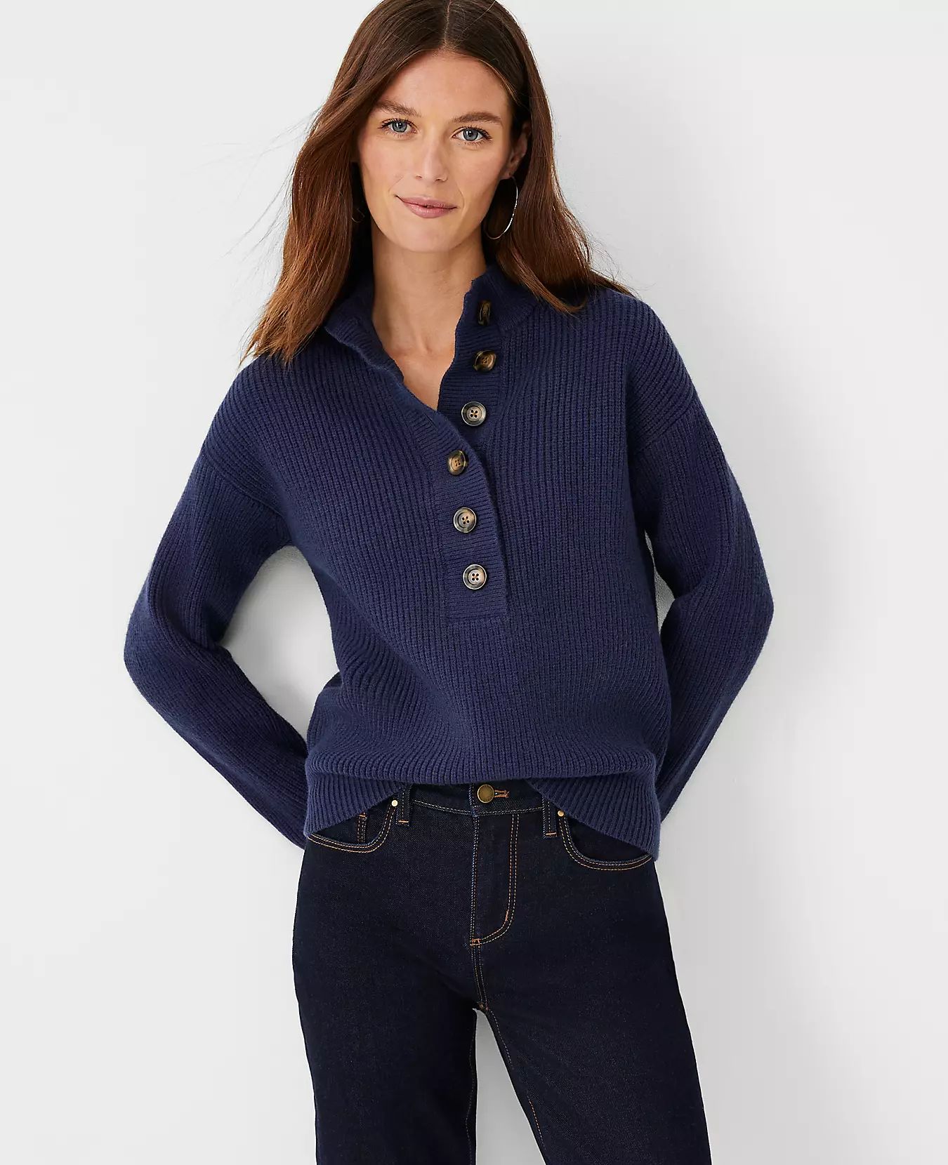 Ribbed Button Placket Sweater | Ann Taylor (US)