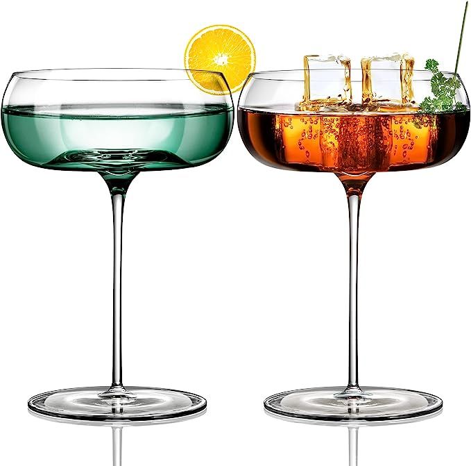 Coupe Cocktail Glass- Hand Blown Crystal Martini Glasses Set of 2, Round Cocktail Glasses with St... | Amazon (US)