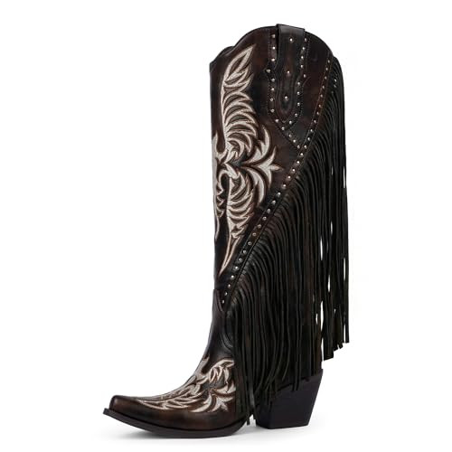 Amazon.com | QIY Black Cowboy Boots for Women Fringe Cowgirl Boots Embroidered studded Pointed To... | Amazon (US)