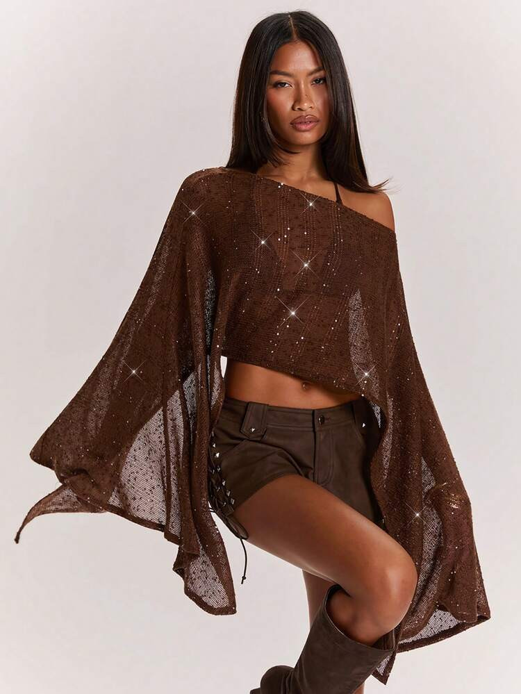 SHEIN BAE Women's Coffee Brown Summer Bohemian Beach Vacation Sequin Mesh Knitted Off-Shoulder Co... | SHEIN