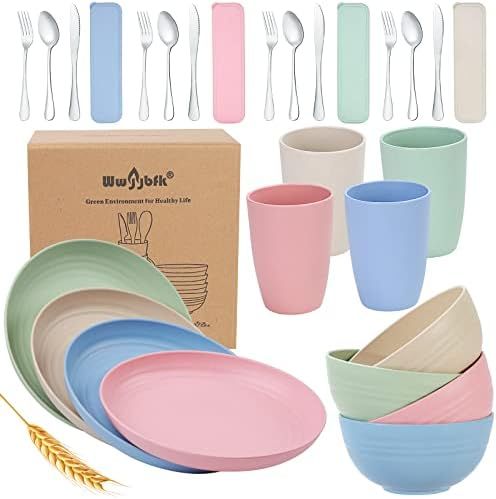 Wwyybfk 28PCS Wheat Straw Dinnerware Set with Stainless Steel Flatware Unbreakable Plates, Cups, ... | Amazon (US)
