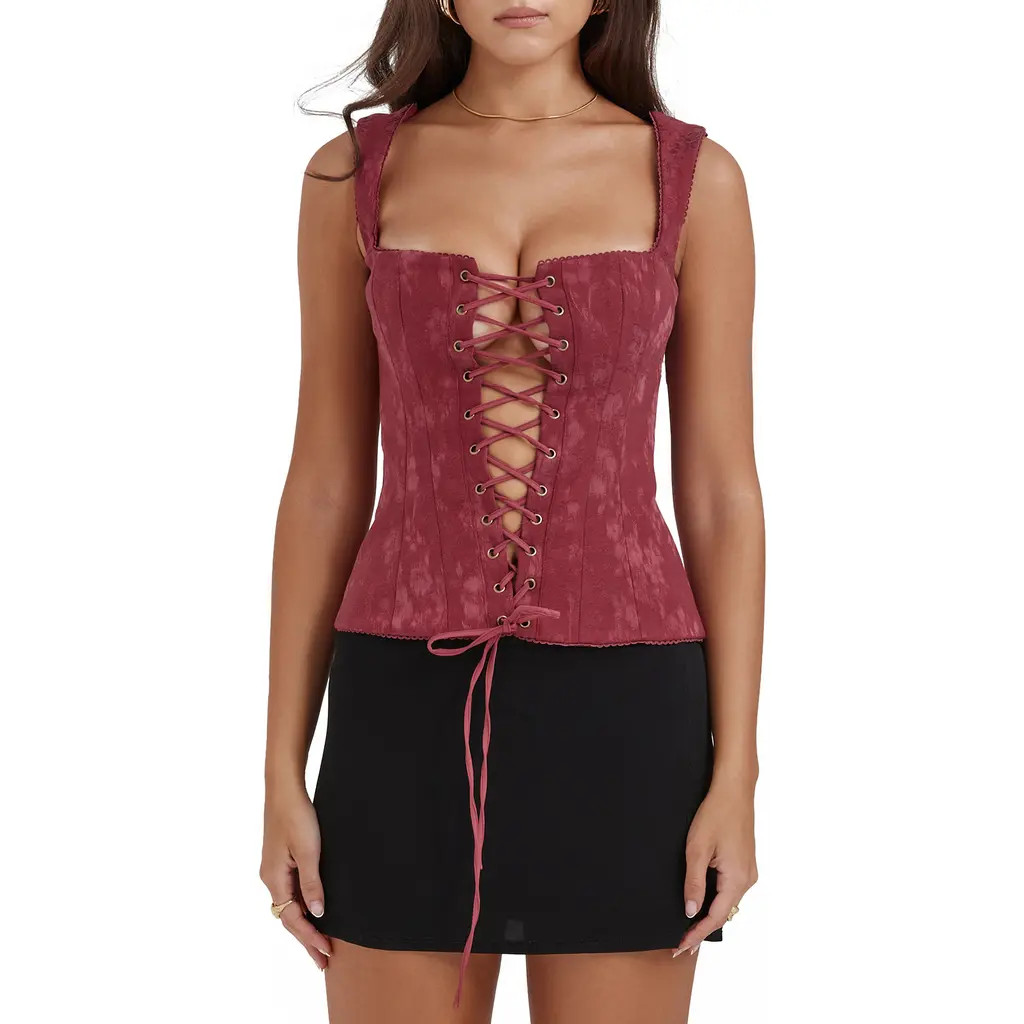 HOUSE OF CB Parisa Lace-Up Corset Top in Burgundy at Nordstrom, Size X-Large | Nordstrom