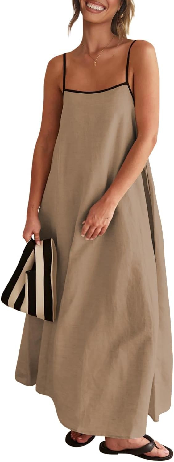 OWNGIGI Women's 2026 Summer Linen Maxi Dress Contrast Spaghetti Strap Beach Dress Backless Sleeve... | Amazon (US)