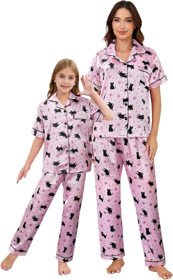 Mommy and Me Pajamas Mother Daughter Family Matching Sleepwear Button Down Silky Satin Nightwear | Amazon (US)