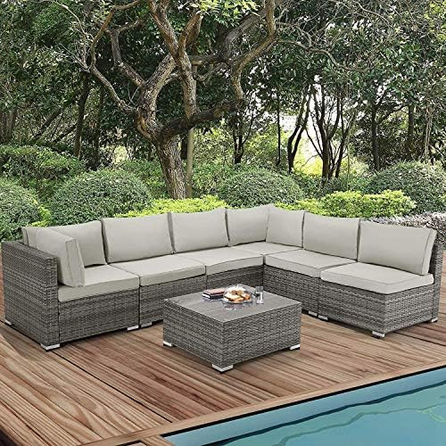 U-MAX 7 Piece Outdoor Patio Furniture Set, Gray PE Rattan Wicker Sofa Set, Outdoor Sectional Furn... | Amazon (US)